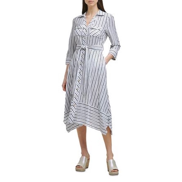 KARL LAGERFELD Striped Asymmetric Shirt Dress In Soft White NWT - Picture 1 of 13